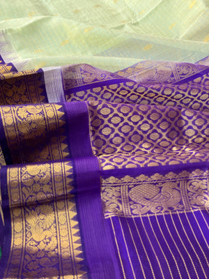 Korvai Silk Cotton - pista ice cream and violet zari kattam