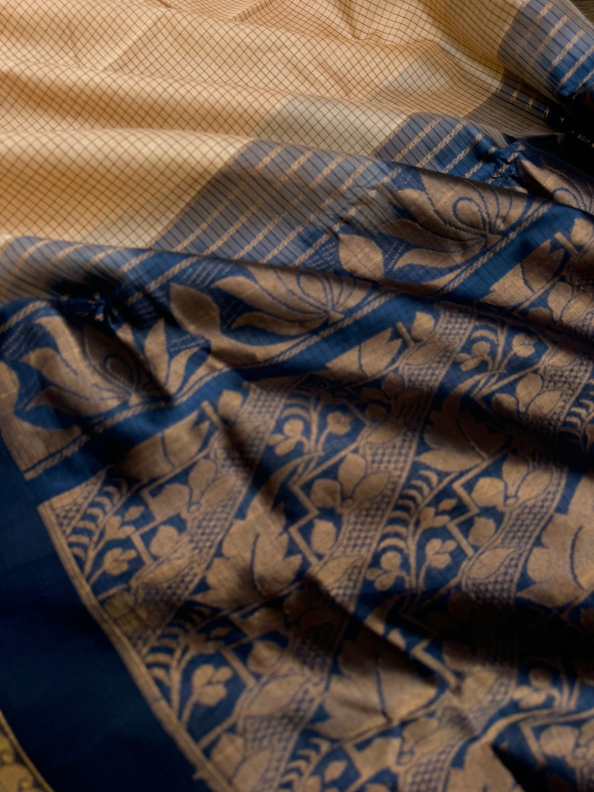 Korvai Silk Cottons - beige and elephant grey with podi kattam and border buttas
