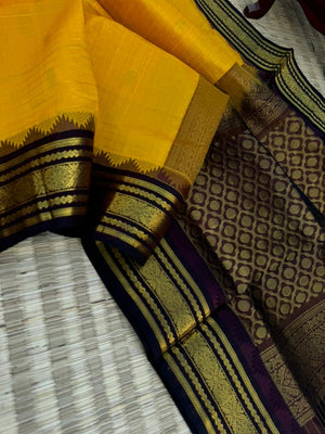 Korvai Silk Cottons - golden yellow zari kattam and coffee