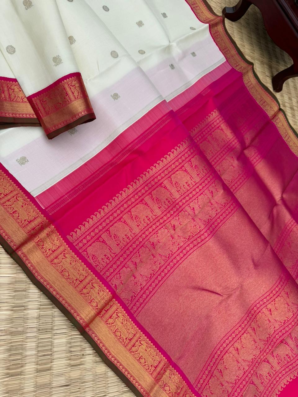 Colours of Navarathri 2025 on Kanchivarams - white and rani pink korvai kanchivaram is must have in our saree collection