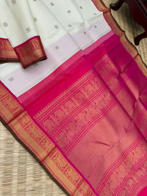 Colours of Navarathri 2025 on Kanchivarams - white and rani pink korvai kanchivaram is must have in our saree collection