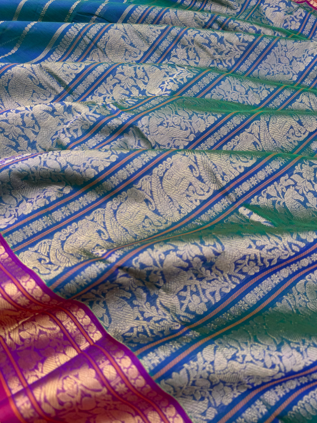 Zari Kissed Silk Cotton - most beautiful peacock blue green vertical veldhari