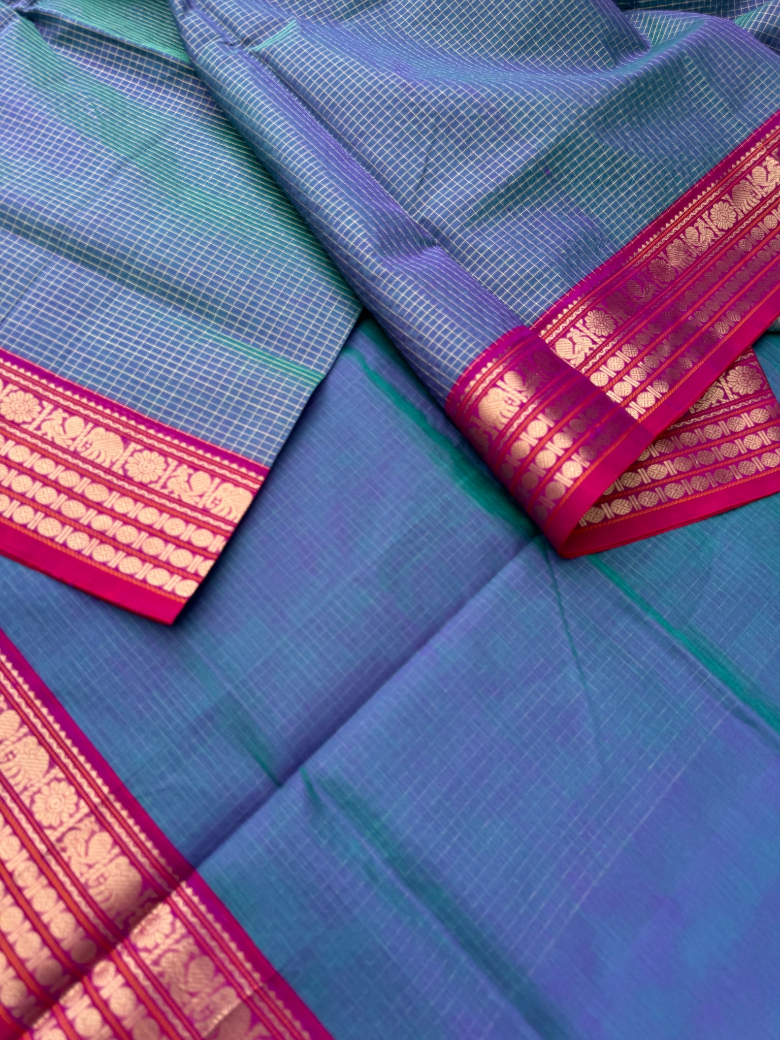 Zari Kissed Silk Cotton - dual tone teal and blue vairaoosi kattam