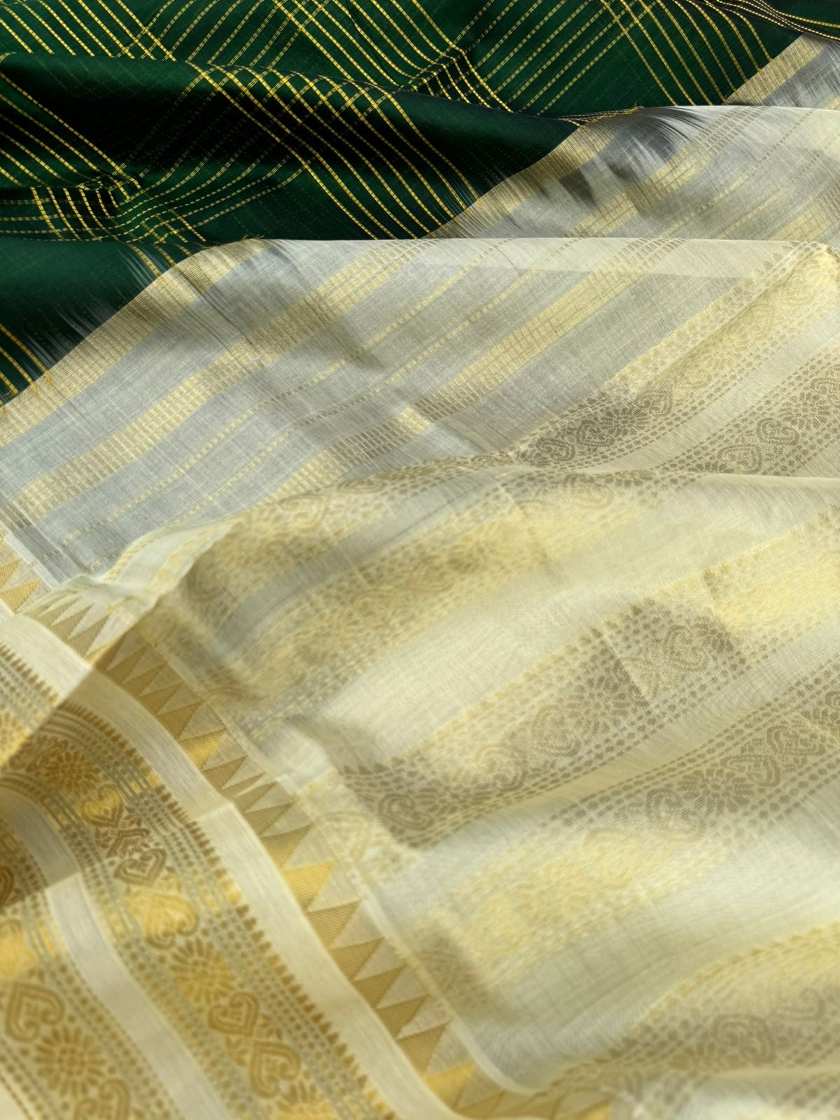 Korvai Silk Cottons - deep dark forest green off white and gold