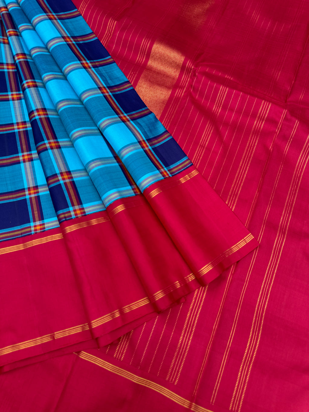 Diwali Edits - Soulful Kanchivaram - stunning blue on blue chex kanchivaram with deep dark red korvai woven borders