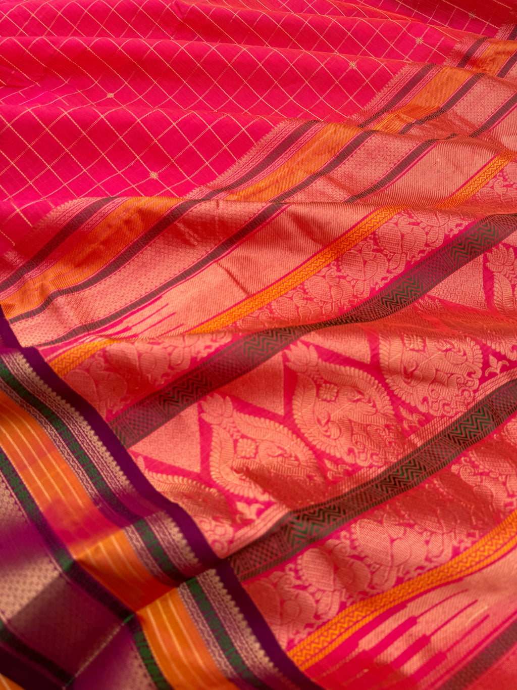 Zari Kissed Silk Cotton - orange mixed pink with muthu koortha kattam buttas