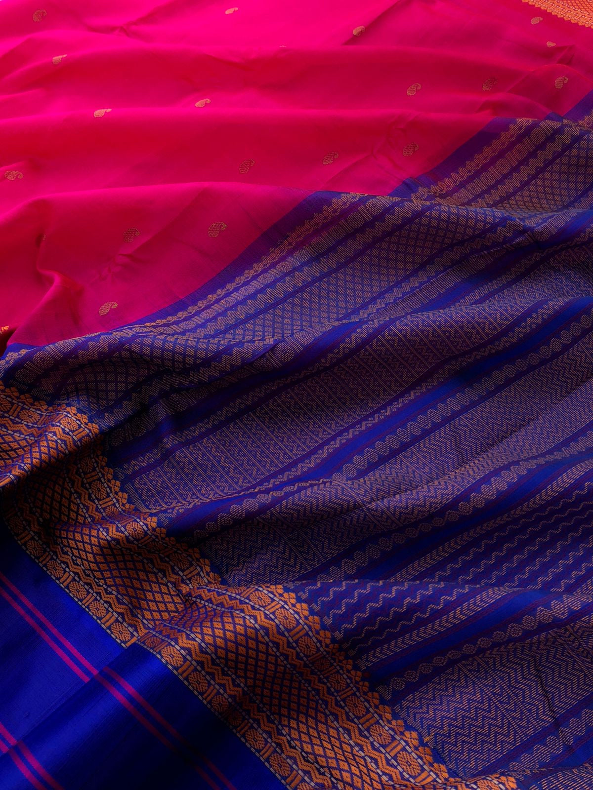 Divyam - Korvai Silk Cotton with Pure Silk Woven Borders - Indian pink and ink blue