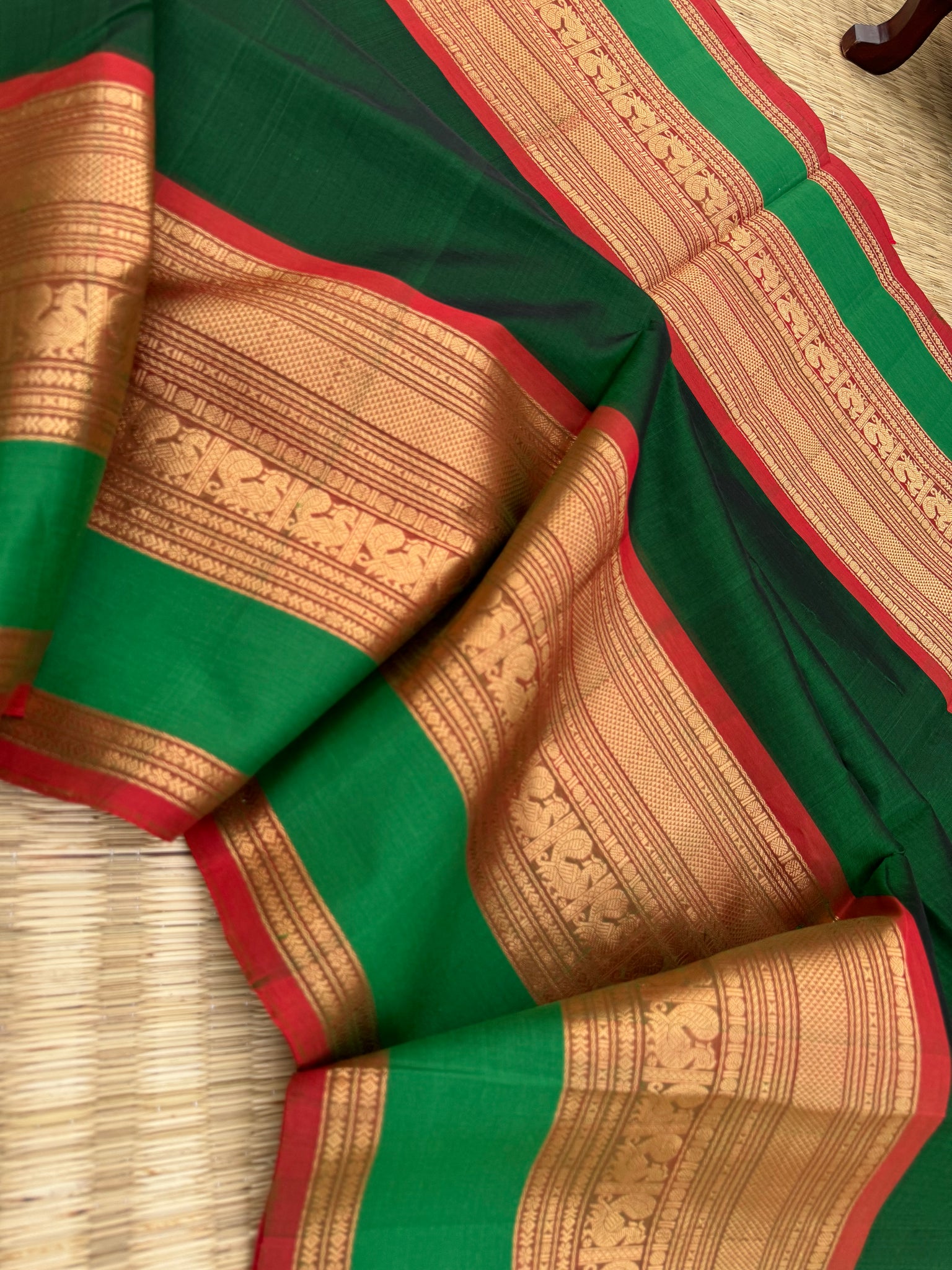 Zari Kissed Silk Cotton - deep dark green with grandest woven borders