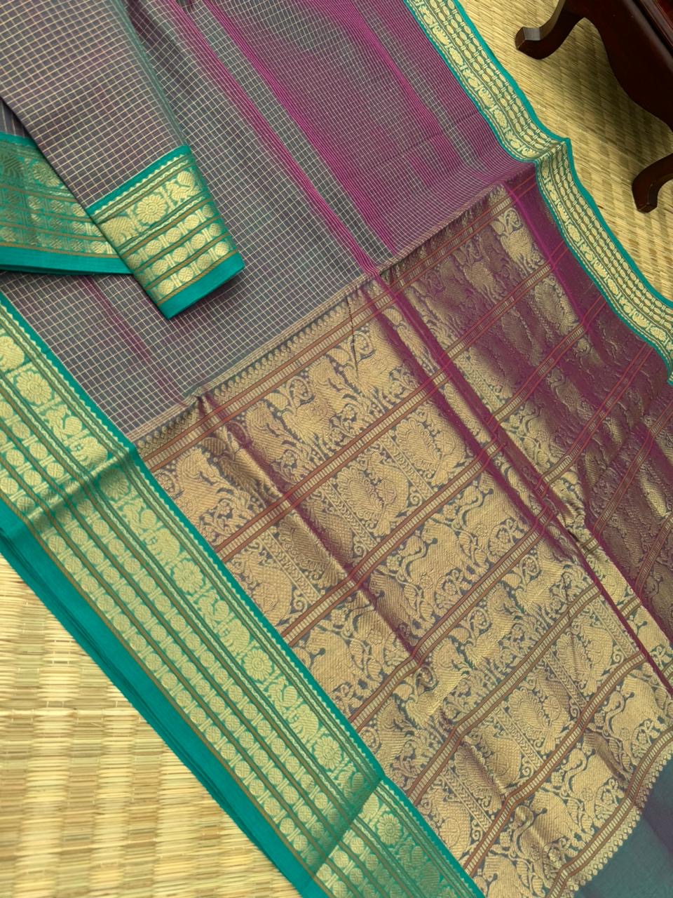 Zari Kissed Silk Cotton -unique mix of teal and pink vairaoosi kattam