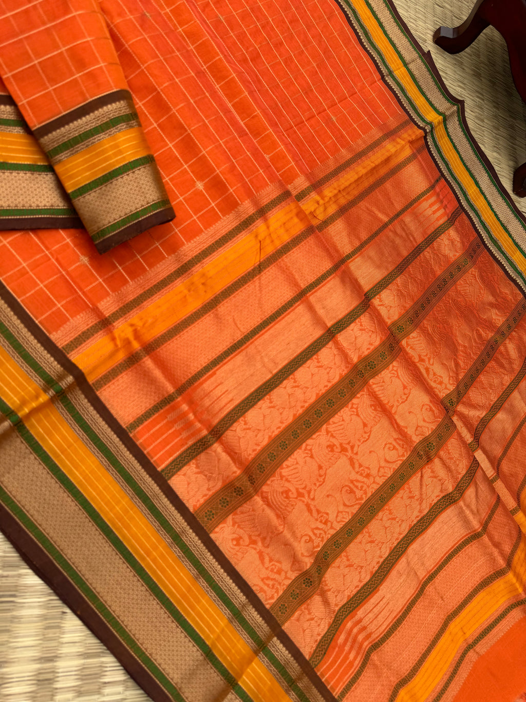 Zari Kissed Silk Cotton - a carrot tone orange with muthu koortha kattam buttas