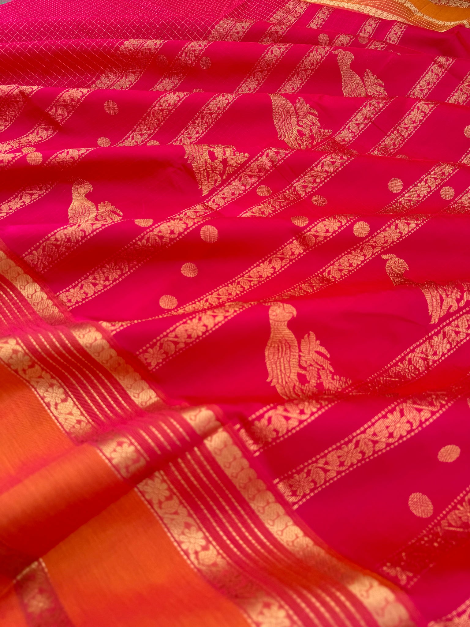 Zari Kissed Silk Cotton - stunning red with laksahdeepam with long parrots woven pallu