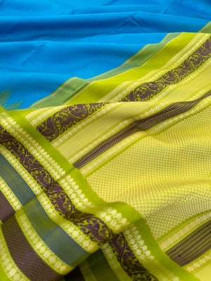 Sahasra - Most Difficult to Make No Zari Kanchivarams - Simple anandha blue and apple green with yali woven borders