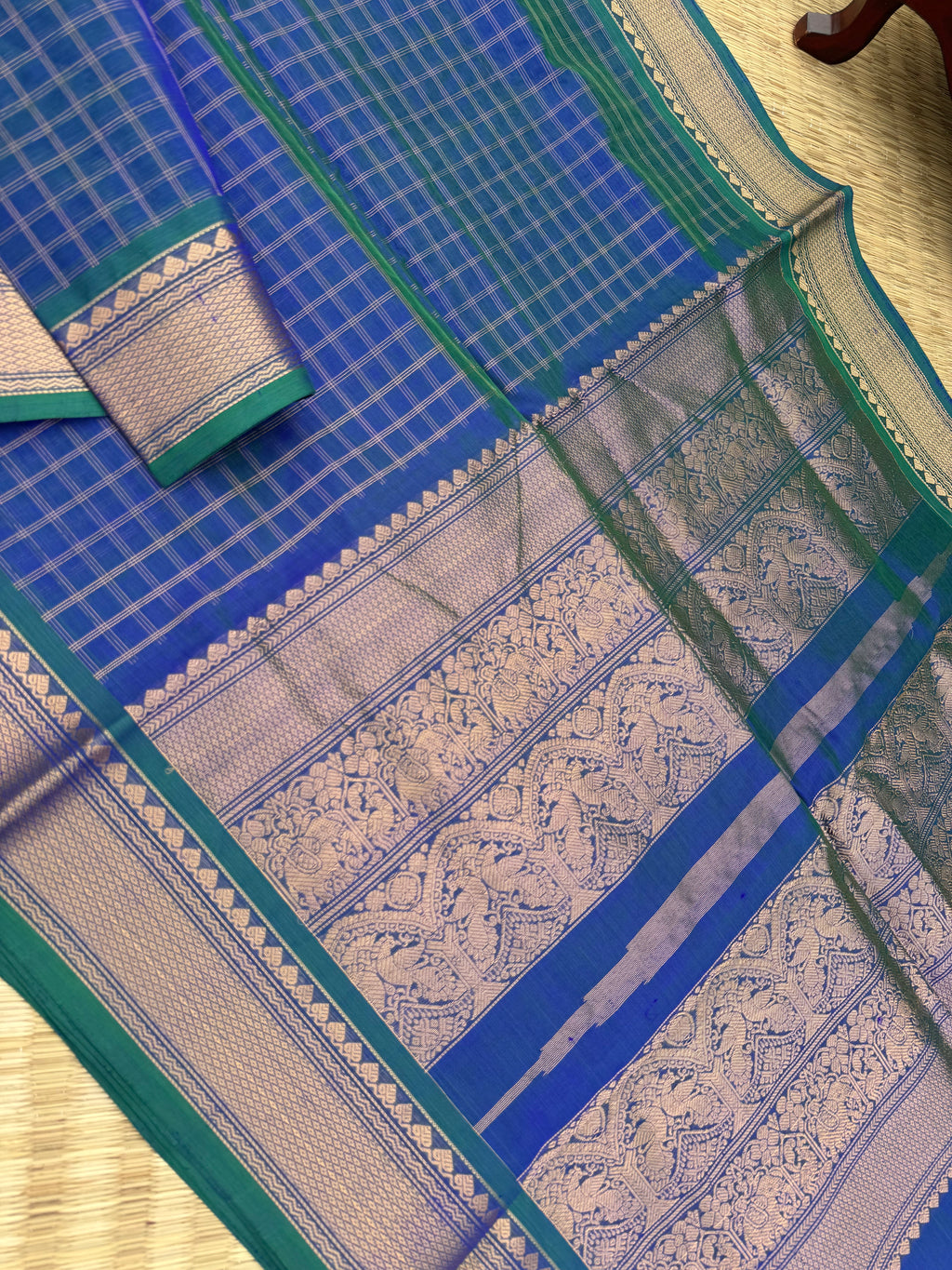 Zari Kissed Silk Cotton - stunning dual tone peacock blue green kattam with small borders