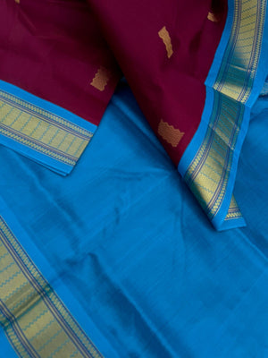 Korvai Silk Cottons - burgundy and sulphate blue with woven buttas