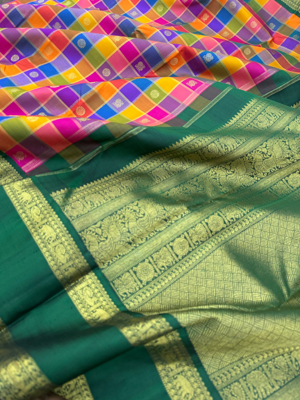 Paalum palamum kattam on Kanchivaram - a one of a kind blue pink mustard chex with bottle green vintage borders pallu and blouse