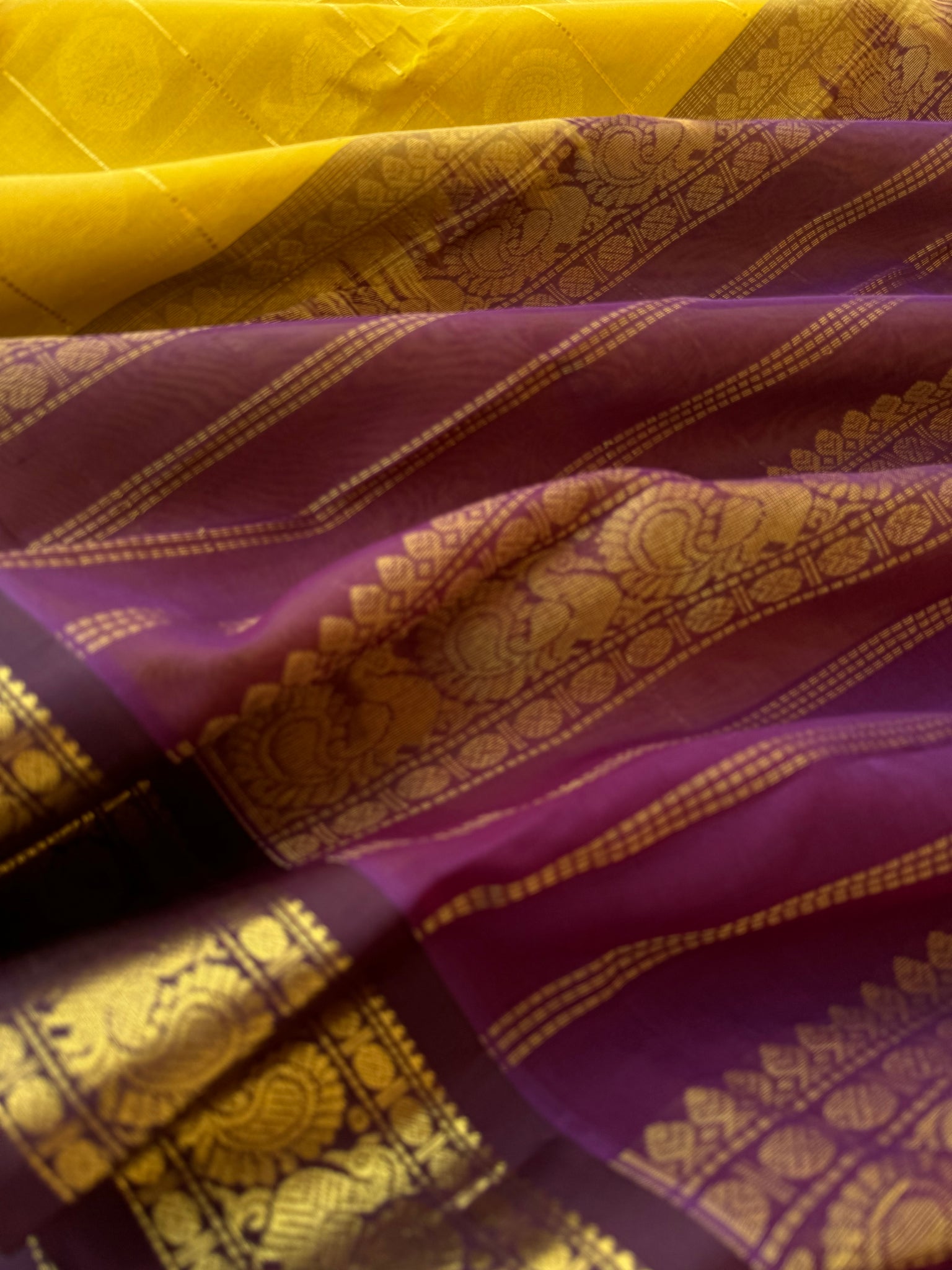 Korvai Silk Cotton - mustard and purple mayil Chackaram