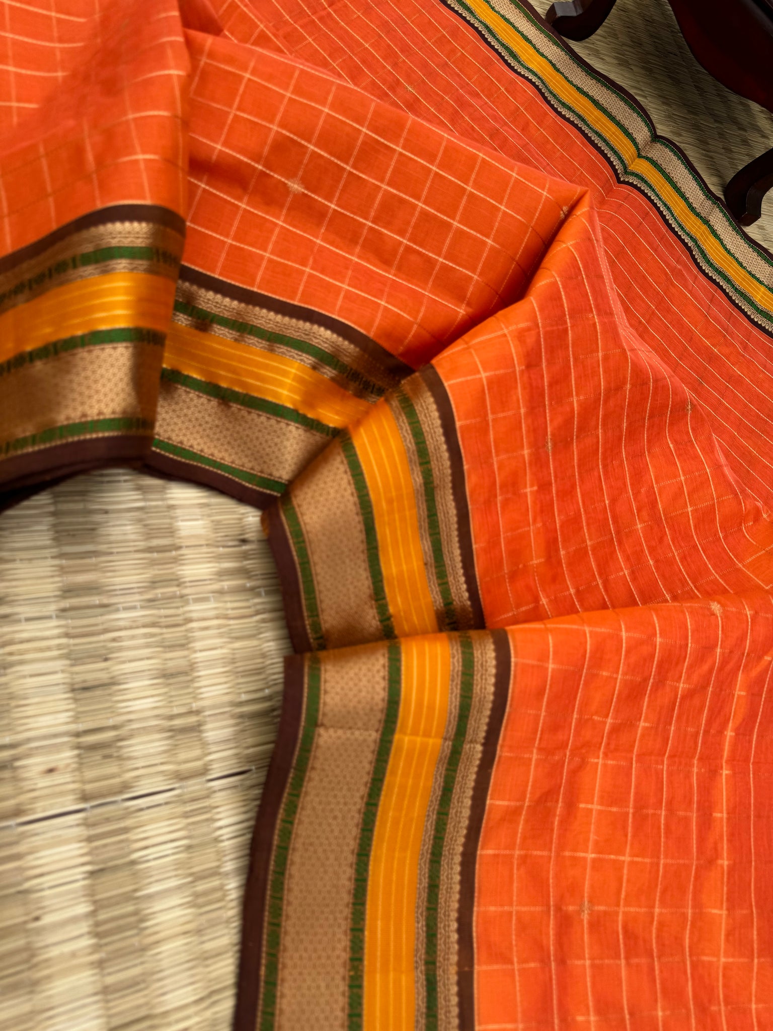 Zari Kissed Silk Cotton - a carrot tone orange with muthu koortha kattam buttas