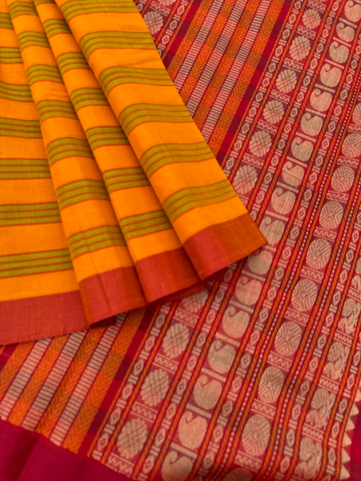 Mangalavastaram - mustard and red vaalapoo strips