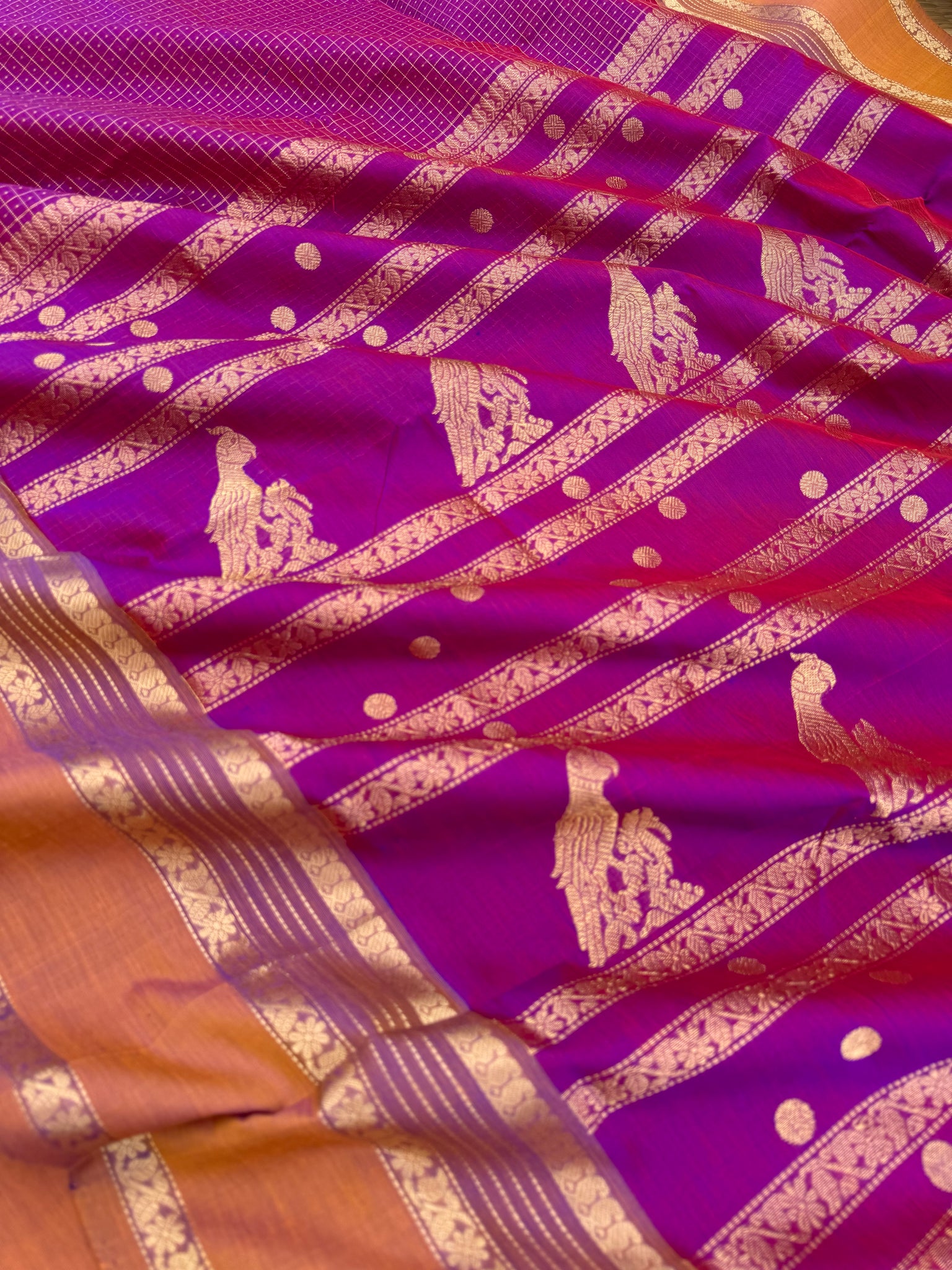 Zari Kissed Silk Cotton - gorgeous purple dual tone lakshadeepam with long parrots woven pallu