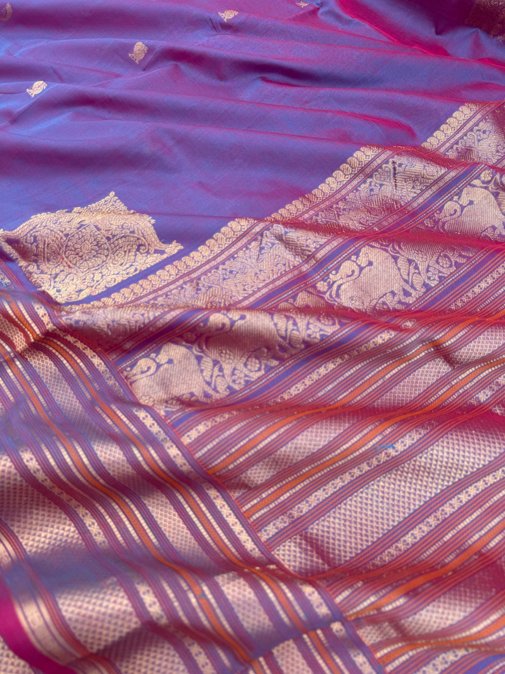 Zari Kissed Silk Cotton - gorgeous red short blue we get the most unique corner buttas