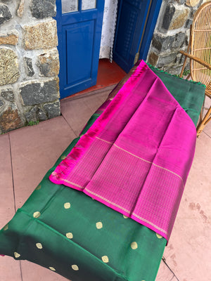 Heriyae - Heirloom Kanchivarams - most beautiful Meenakshi green and majenta with oosi Kattam woven borders