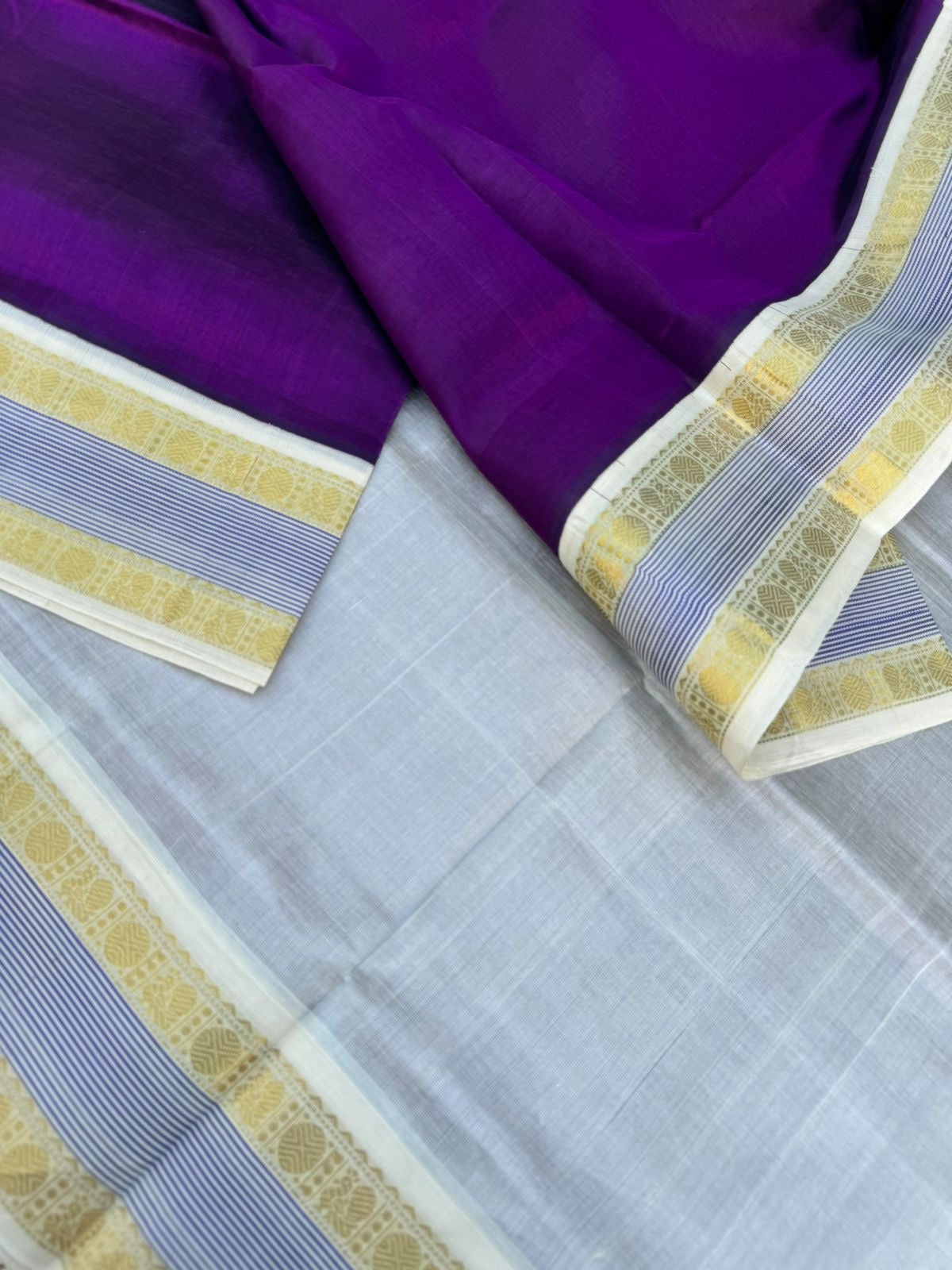Korvai Silk Cottons - brinjal purple and off white
