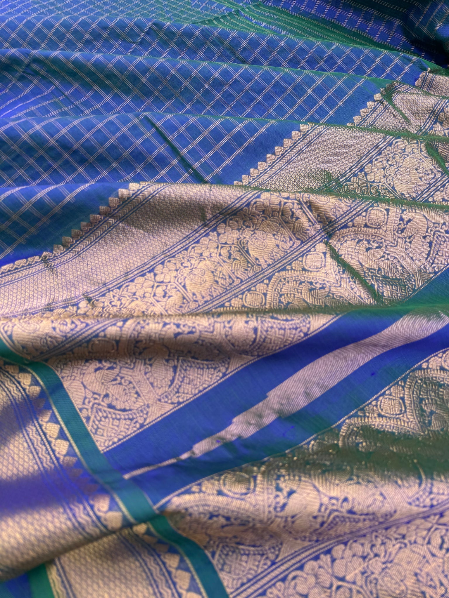 Zari Kissed Silk Cotton - stunning dual tone peacock blue green kattam with small borders