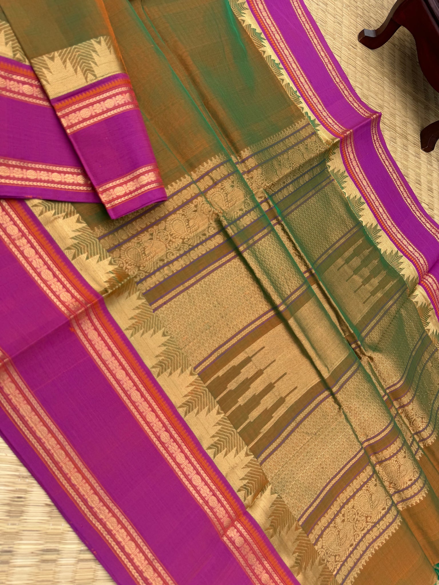 Zari Kissed Silk Cotton - a deep dark honey mustard mixed green with majentha borders