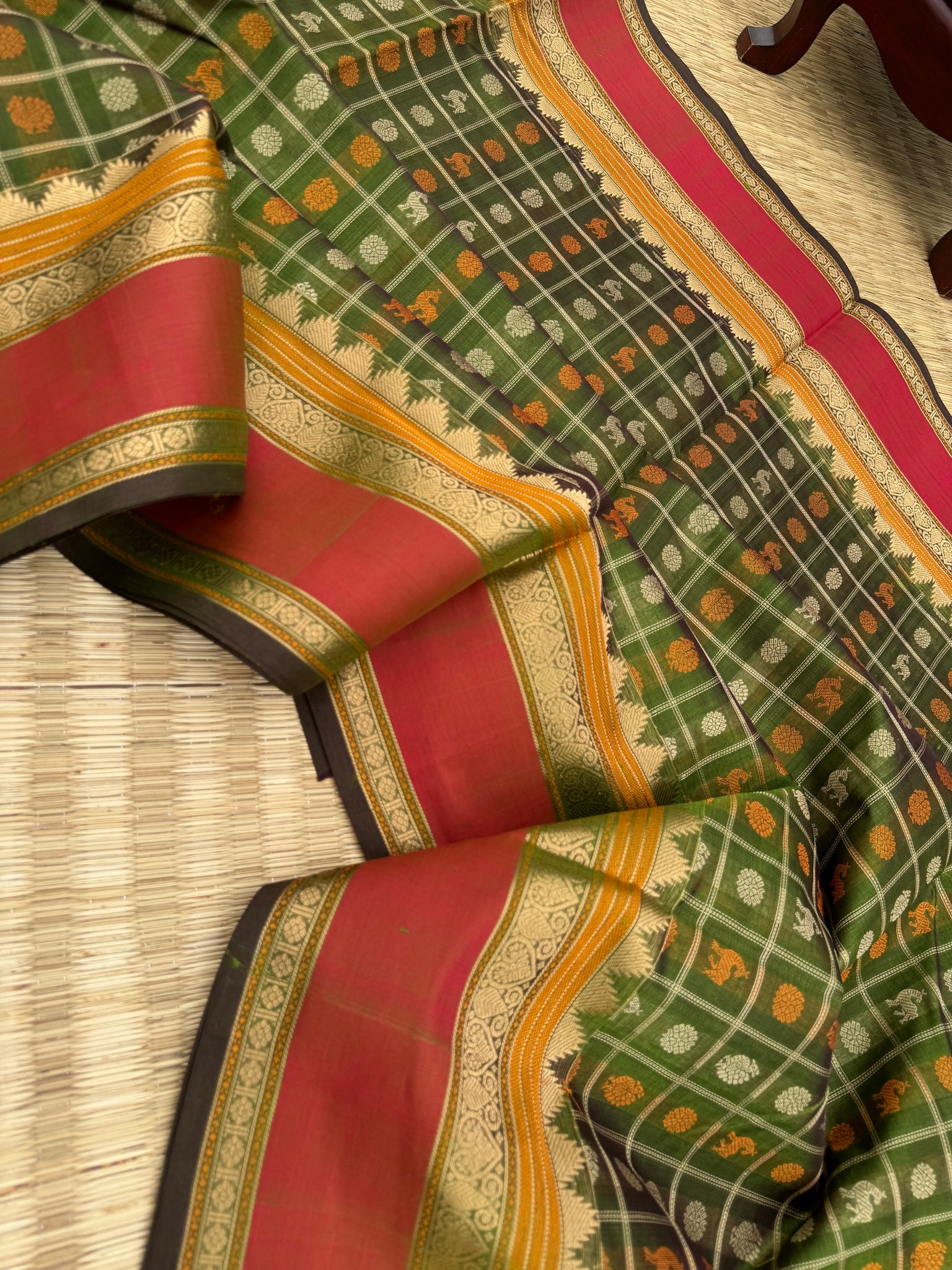 Woven Motifs Silk Cotton - olive green 1000 buttas