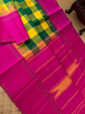Chettinad Chexs on No Zari Korvai Kanchivaram - vibrant mix of yellow green and pink