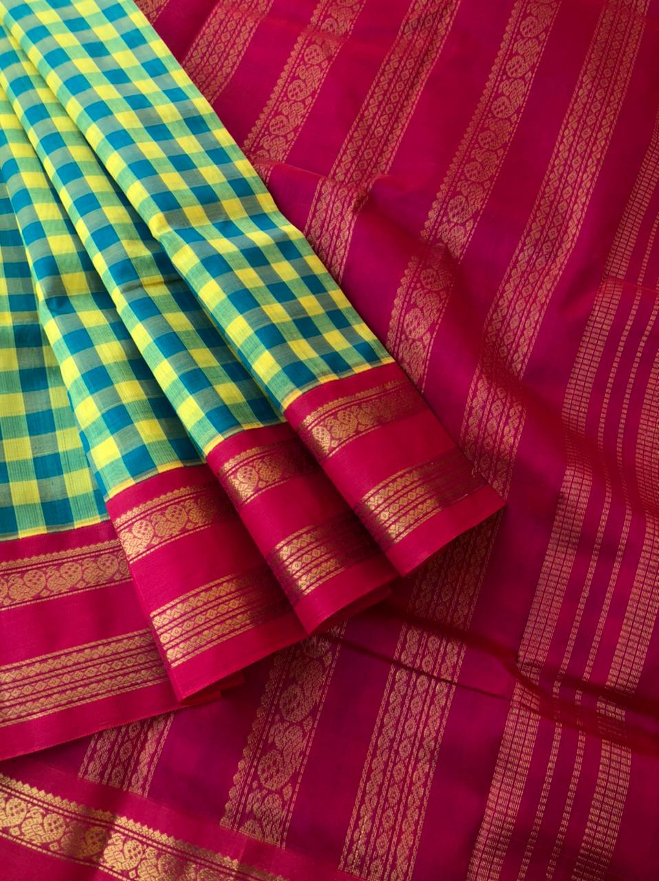 Korvai Silk Cottons - yellow and teal paalum Palamum Kattam
