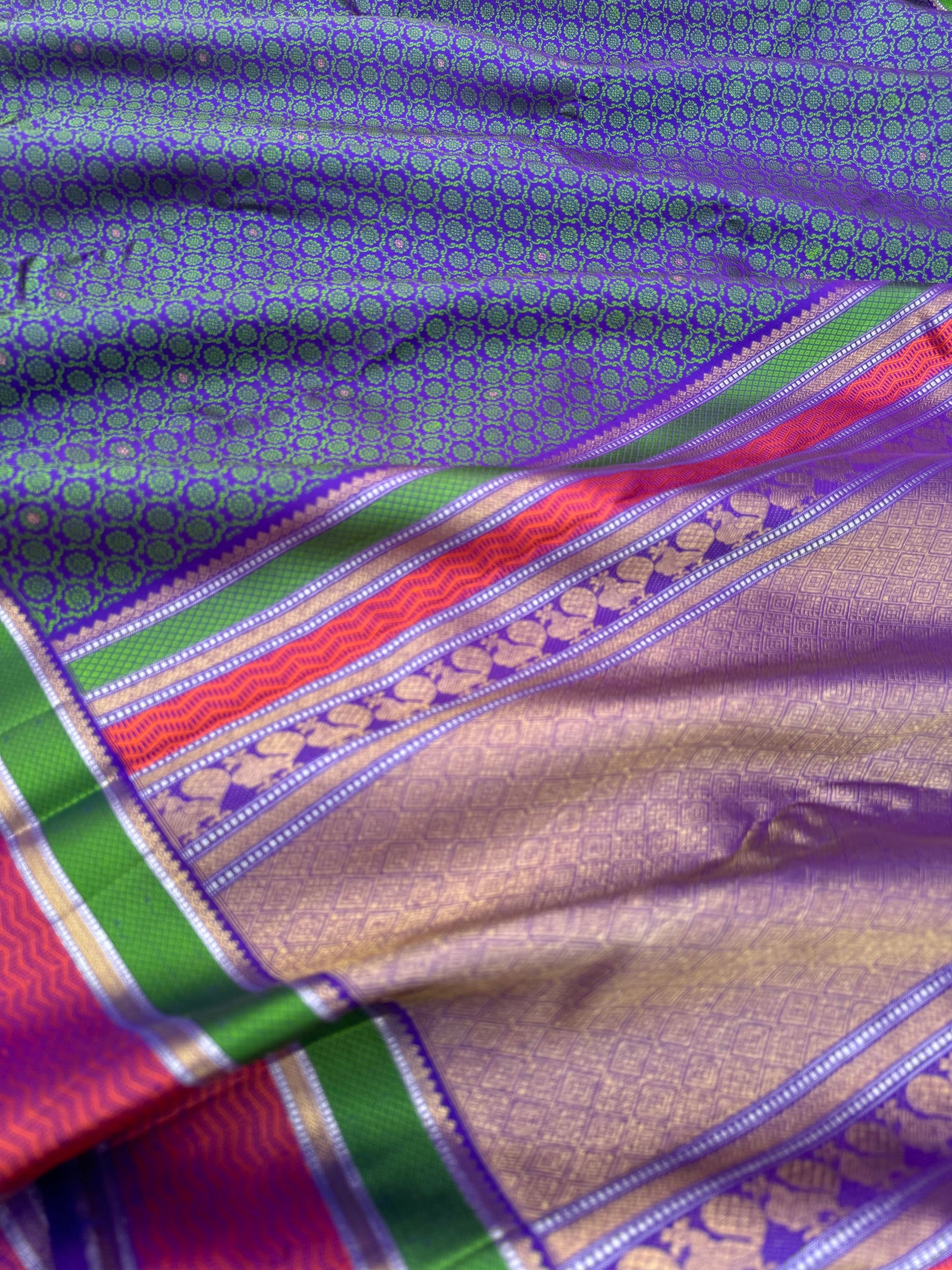 Haritham - Heirloom Yarn Play on Kanchivaram - stunning dual tone peacock violet green with full body rudurakasham weave