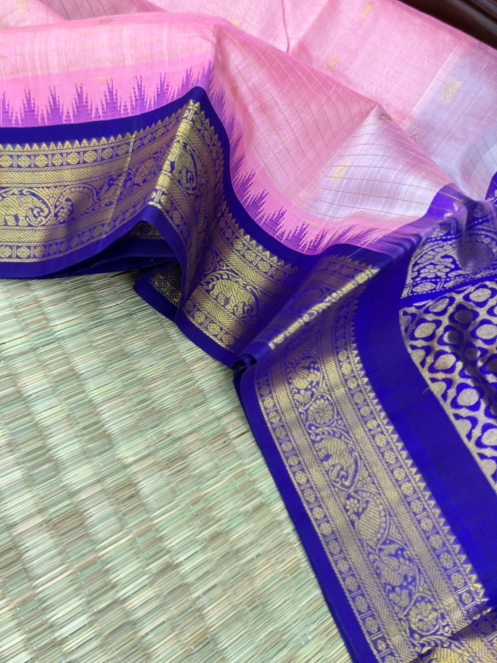 Korvai Silk Cotton - pastel baby pink and ink blue zari kattam