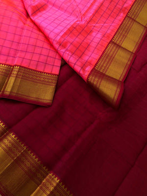 Divyam - Korvai Silk Cotton with Pure Silk Woven Borders - stunning candy pink and maroon body chexs