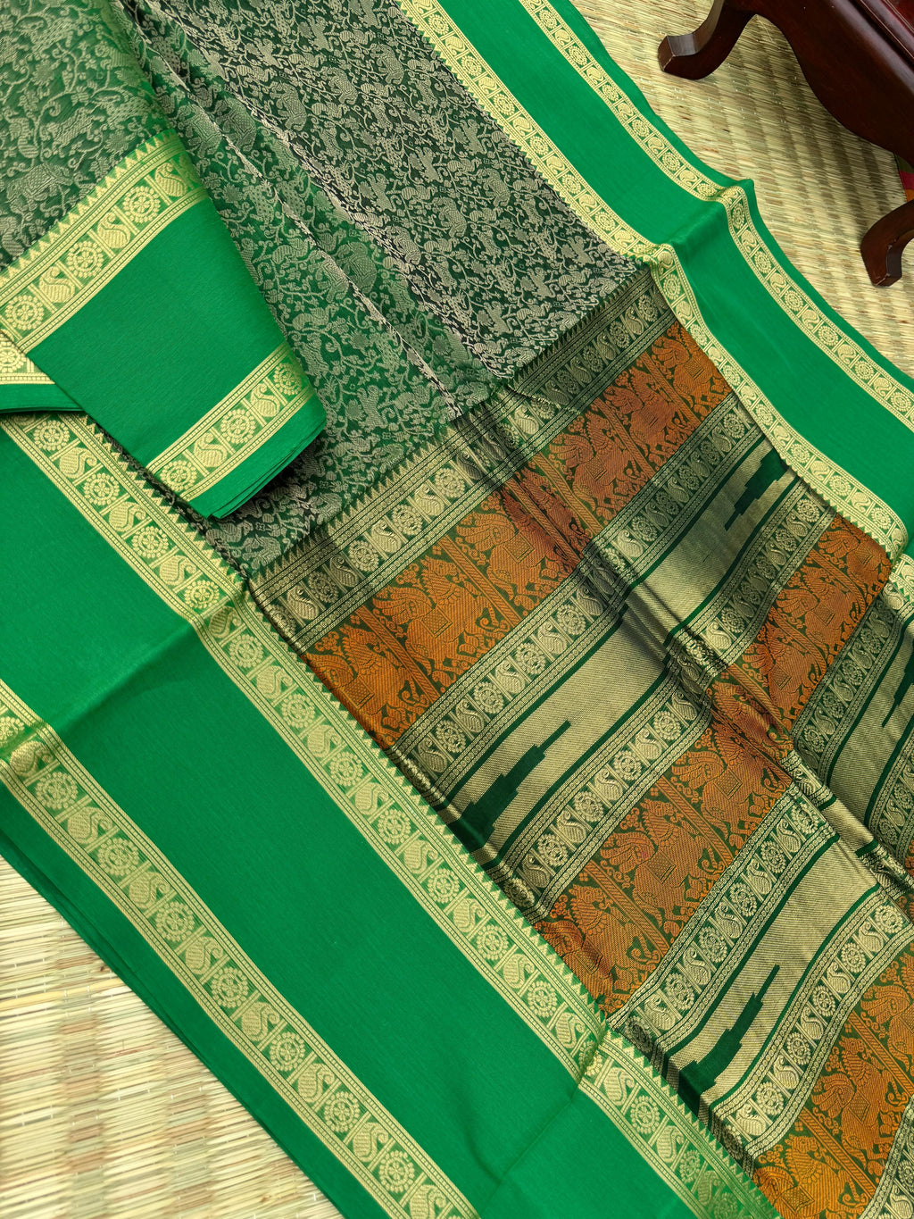 Woven Motifs Silk Cotton - dark green vanasingaram