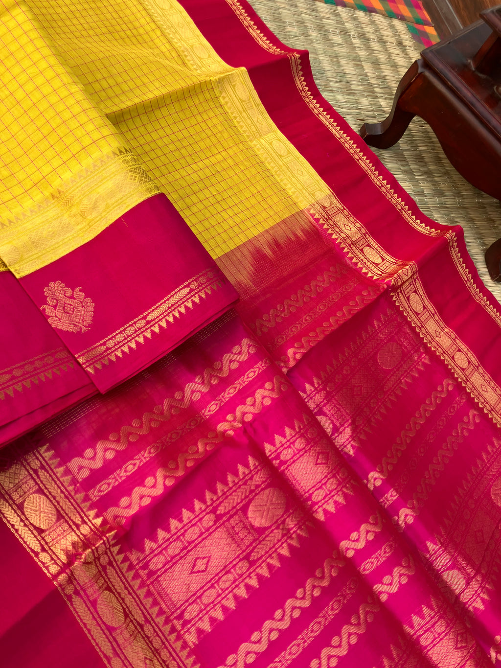 Korvai Silk Cotton - sunflower mustard and red podi kattam