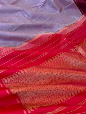 Haritham - Heirloom Yarn Play on Kanchivaram - unusual pale pastel lavender intricate 1000 buttas with red pallu and blouse