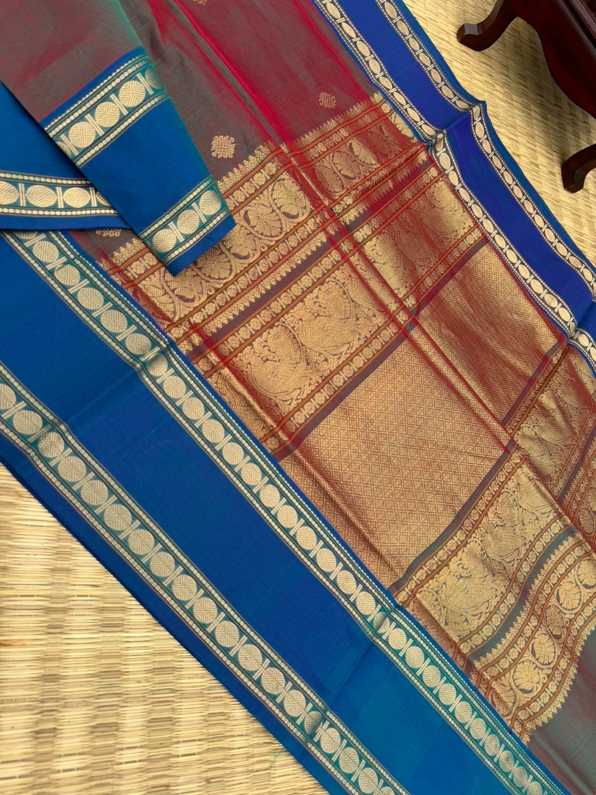Zari Kissed Silk Cotton - maanthulir tone kolam buttas with peacock blue borders