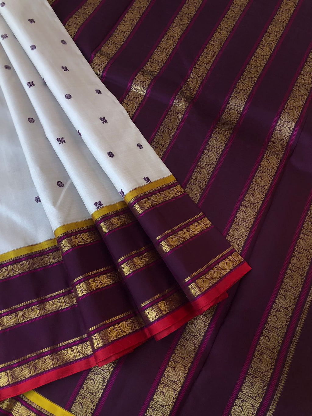 Meenakshi Kalayanam - Authentic Korvai Kanchivarams - stunning rare find pale calcium greyish off white with beetle nut tone borders pallu and blouse