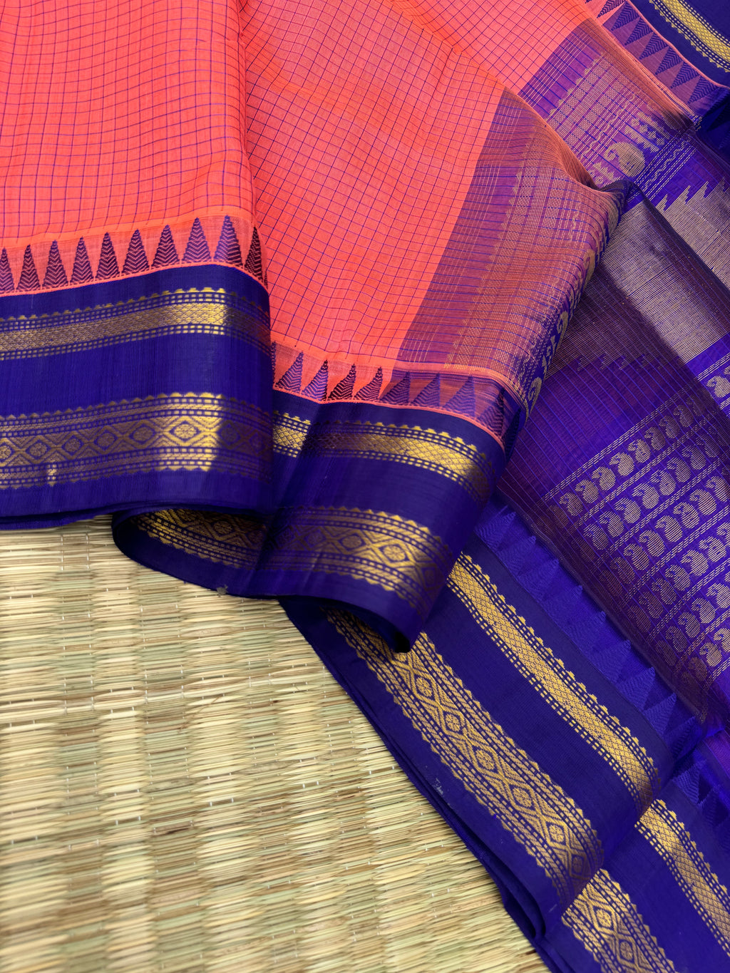 Korvai Silk Cotton - lotus pink and ink blue podi kattam