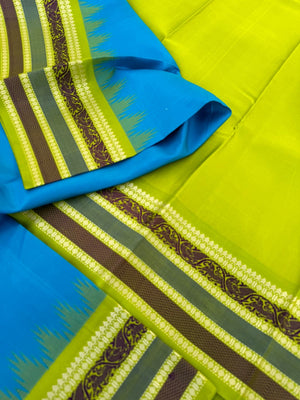 Sahasra - Most Difficult to Make No Zari Kanchivarams - Simple anandha blue and apple green with yali woven borders