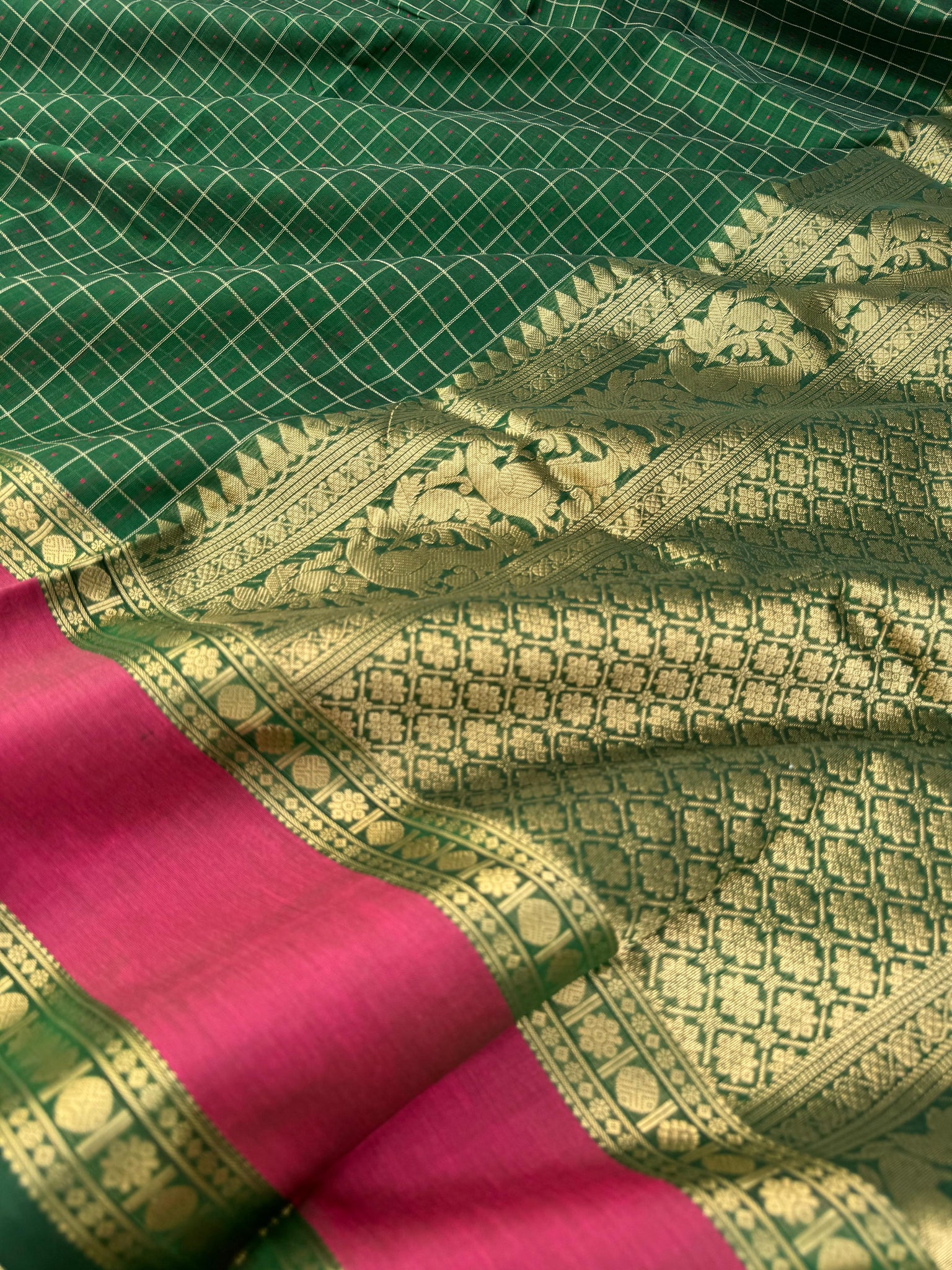 Woven Motifs Silk Cotton - Meenakshi green lakshadeepam