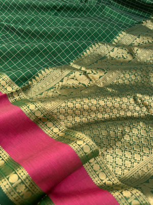 Woven Motifs Silk Cotton - Meenakshi green lakshadeepam