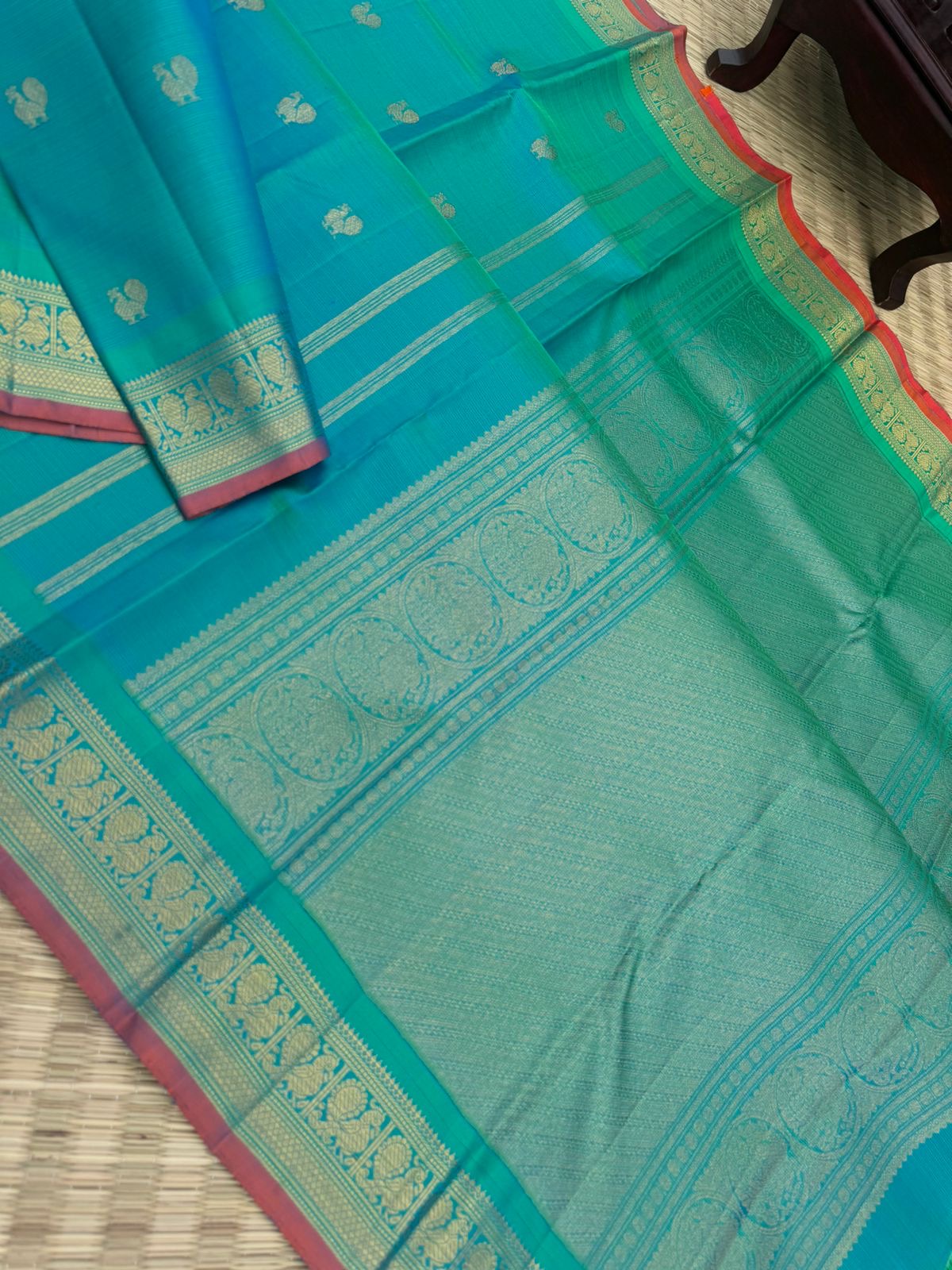 Vairaa - The traditional luxurious Vairaoosi on Kanchivaram - most beautiful dual tone aqua blue green body and pallu with contrast pallu blouse