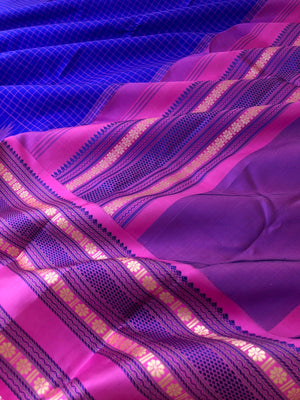 Sahasra - Stunning No Zari Kanchivarams - the beauty at the best ms blue chex body with rose pink borders pallu and blouse