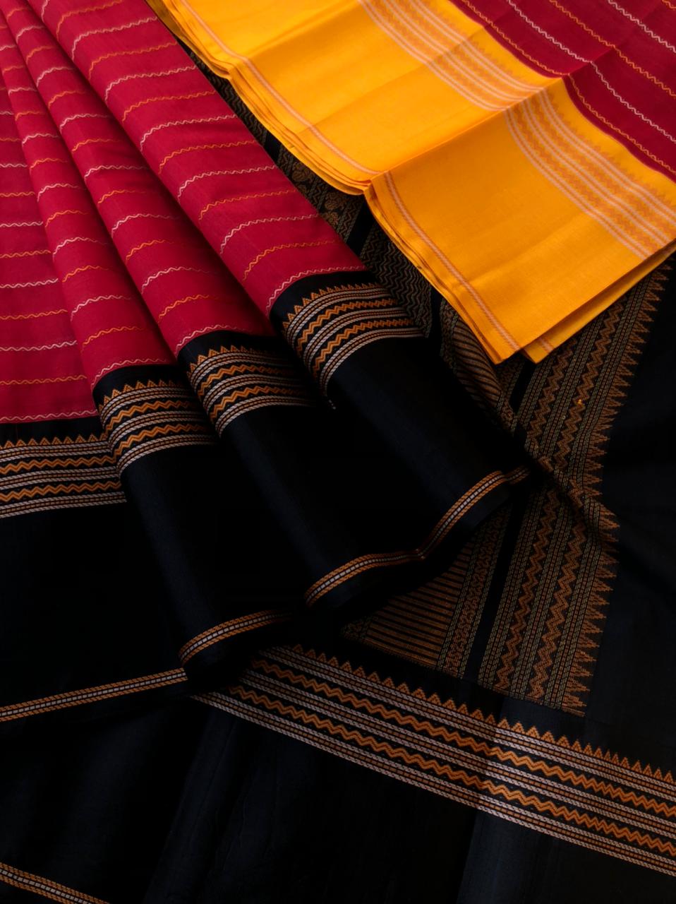 Divyam - Korvai Silk Cotton with Pure Silk Woven Borders - deep dark red veldhari with black and mustard ganga jammuna woven borders