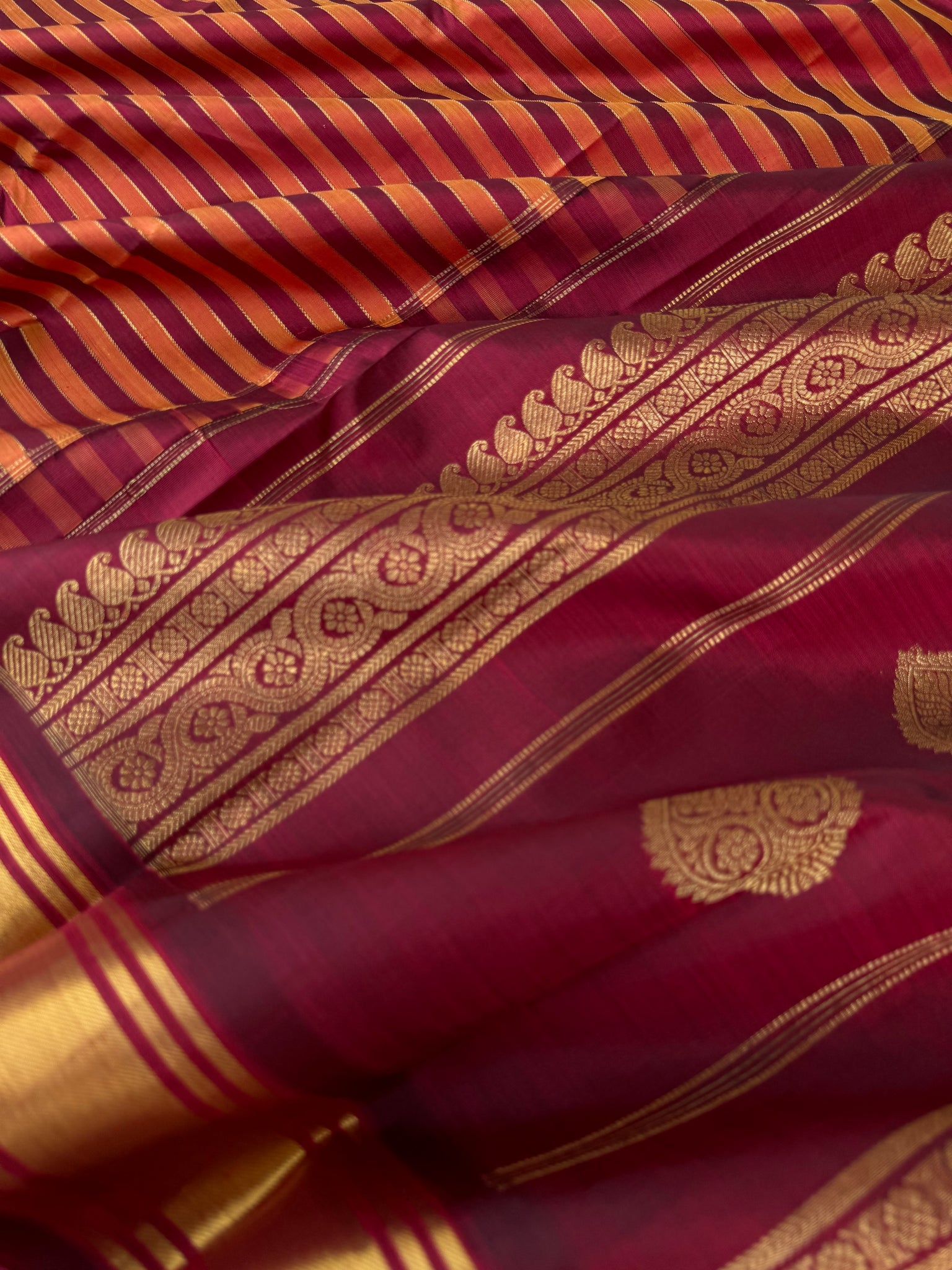 Vintage Ragas on Korvai Kanchivaram - burnt orange and aaraku strips woven body with vintage pallu