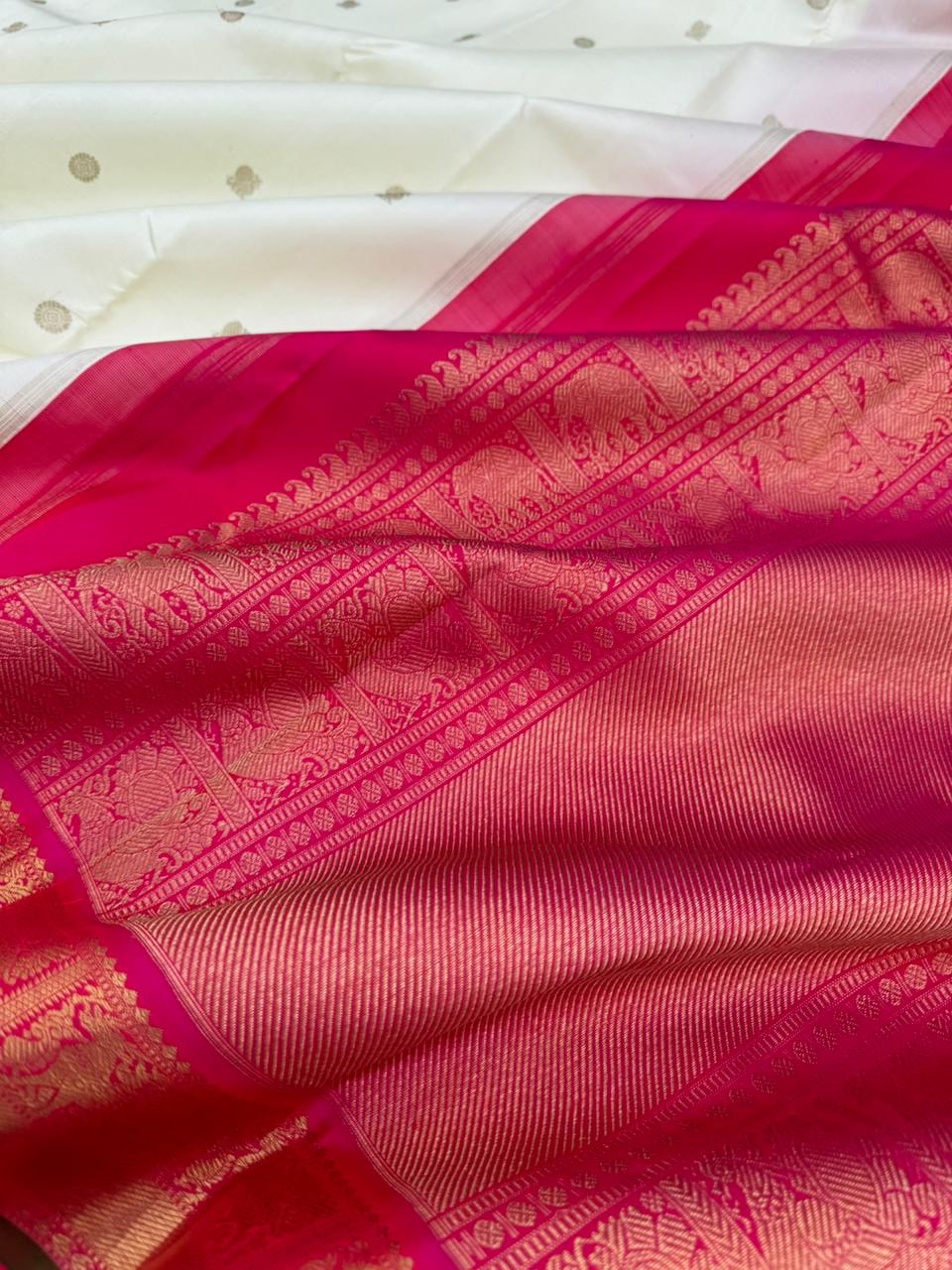 Colours of Navarathri 2025 on Kanchivarams - white and rani pink korvai kanchivaram is must have in our saree collection