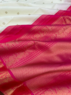 Colours of Navarathri 2025 on Kanchivarams - white and rani pink korvai kanchivaram is must have in our saree collection