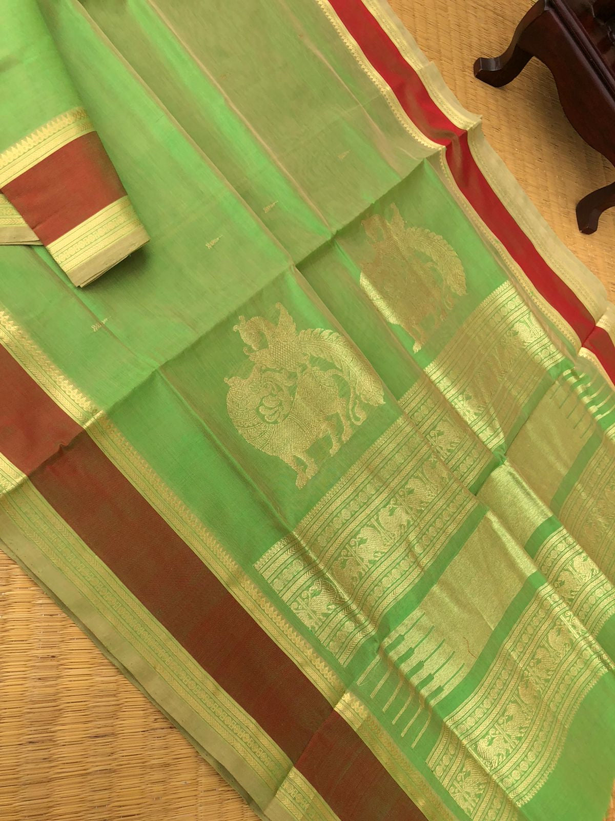 Zari Kissed Silk Cottons - unusual beige mixed green with yali woven corner buttas